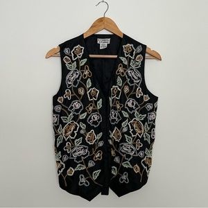 Vintage 80s Floral Beaded Vest, Silk, men’s size Small, Women’s Medium/Large
